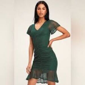 Lulu's Forest Green High Low Lace Overlay Ruched Dress